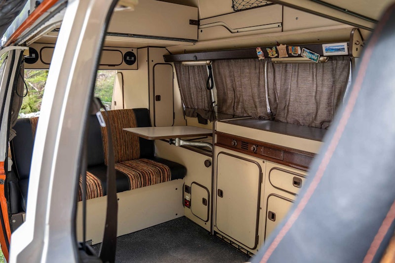 Interior of VW T4 Campervan Original Westfalia with hard roof top from Balkan Campers in Ljubljana, Slovenia