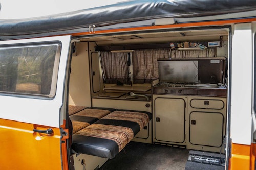 Living Area in VW T3 Campervan Original Westfalia with hard roof top from Balkan Campers in Ljubljana, Slovenia
