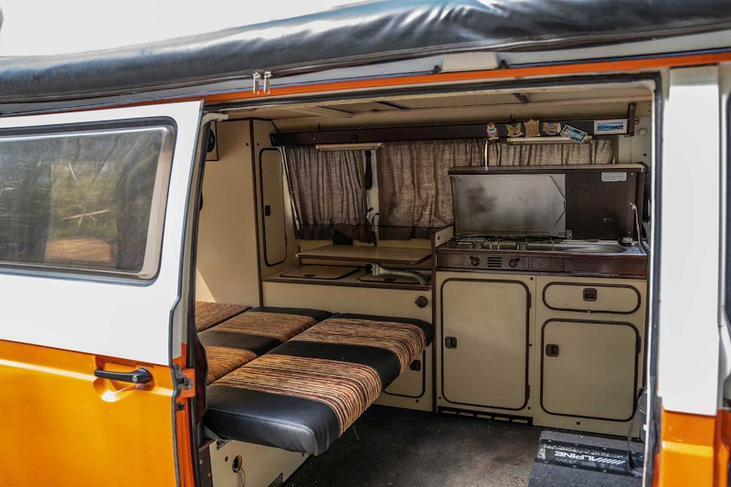 Living Area in VW T3 Campervan Original Westfalia with hard roof top from Balkan Campers in Ljubljana, Slovenia