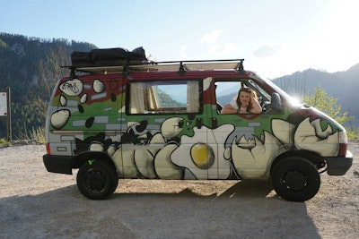 Vloger Katja in VW T4 Camper van from Balkan Campers in Kobarid, Slovenia