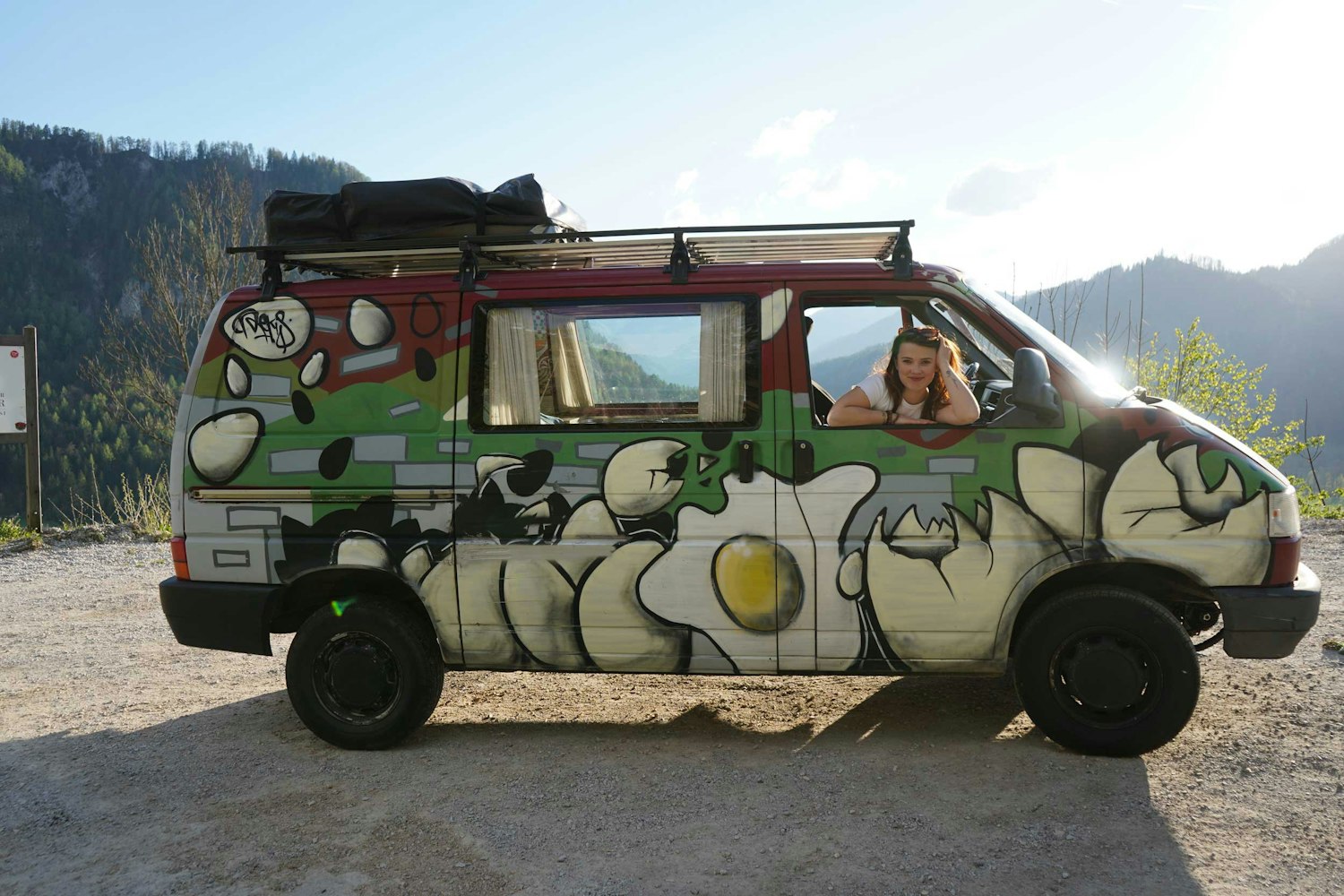 Vloger Katja in VW T4 Camper van from Balkan Campers in Kobarid, Slovenia