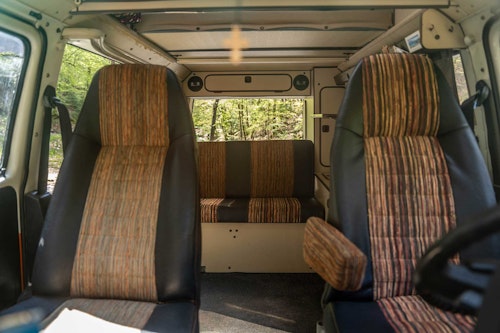 Front Seats of VW T3 Campervan Original Westfalia with hard roof top from Balkan Campers in Ljubljana, Slovenia