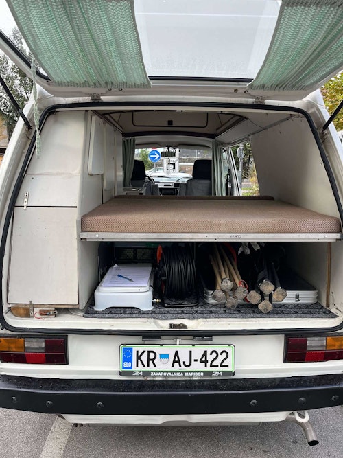 View of the trunk in VW T3 from Balkan Campers in Maribor, Slovenia