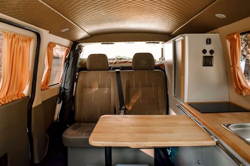 Interior of VW T6 automatic Campervan from Balkan Campers at Lake Bohinj, Slovenia