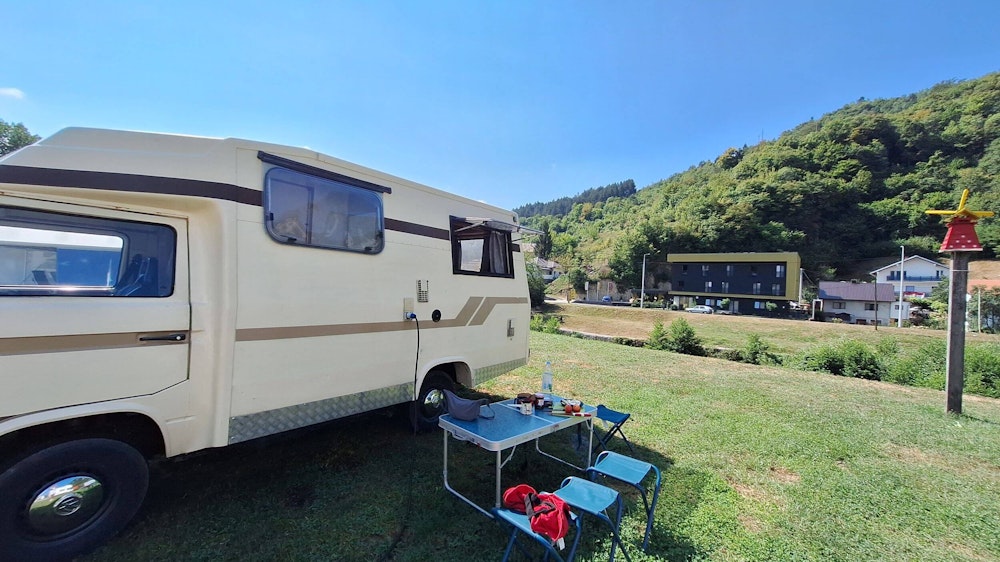 Balkan Campers customers camping in Jajce, Bosnia and Herzegovina with VW T3 camper van