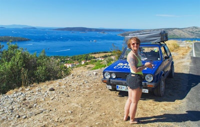 Balkan Campers customers on Adriatic coast highway with their Golf 1 Vučko