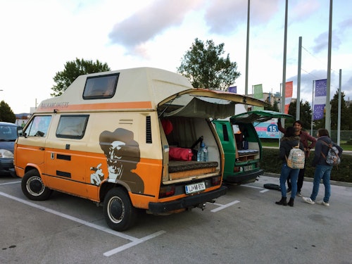 Seven girls packing in Balkan camper van to explore East Slovenia