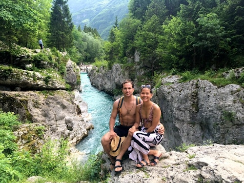Balkan Campers customers enjoying in Soča river Gorge, Slovenia