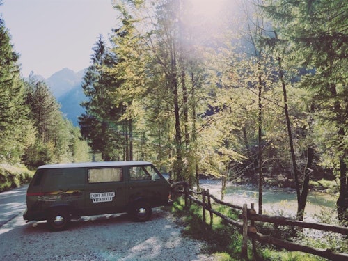 Balkan Campers customers camping at Soča river, Slovenia