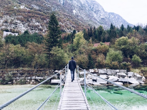 Balkan Campers customers hiking at Soča river, Slovenia
