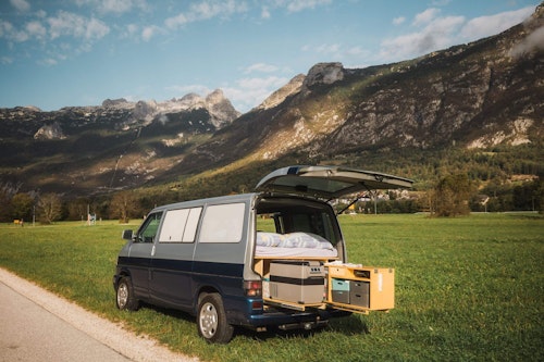 Back view of VW T4 Vrbas from Balkan Campers