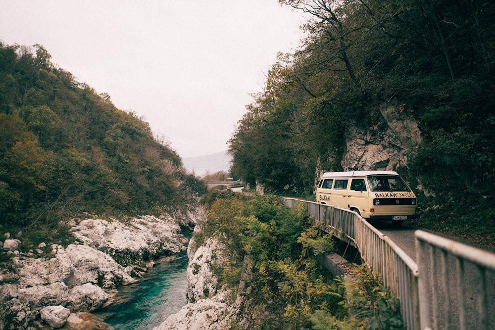 VW Bus from Balkan Campers at Soča River, Kobarid, Slovenia