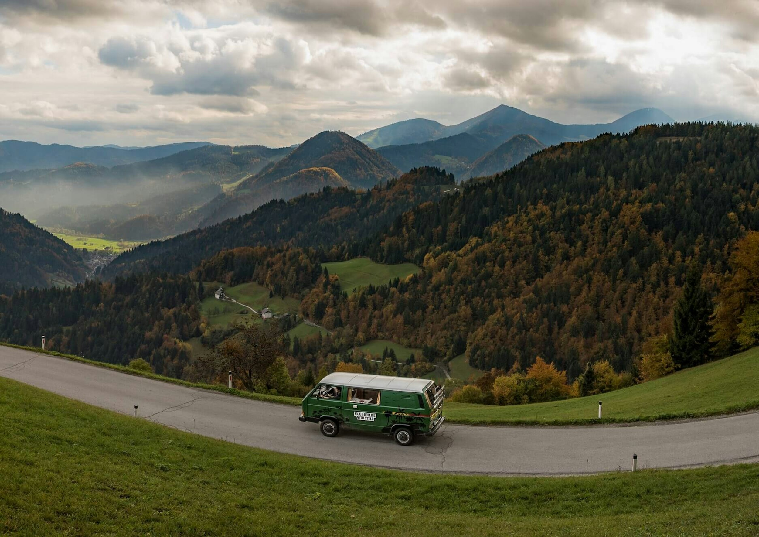 VW retro bus in forest in Serbia