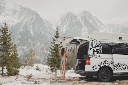 VW bus from Balkan Campers in Slovenian mountains