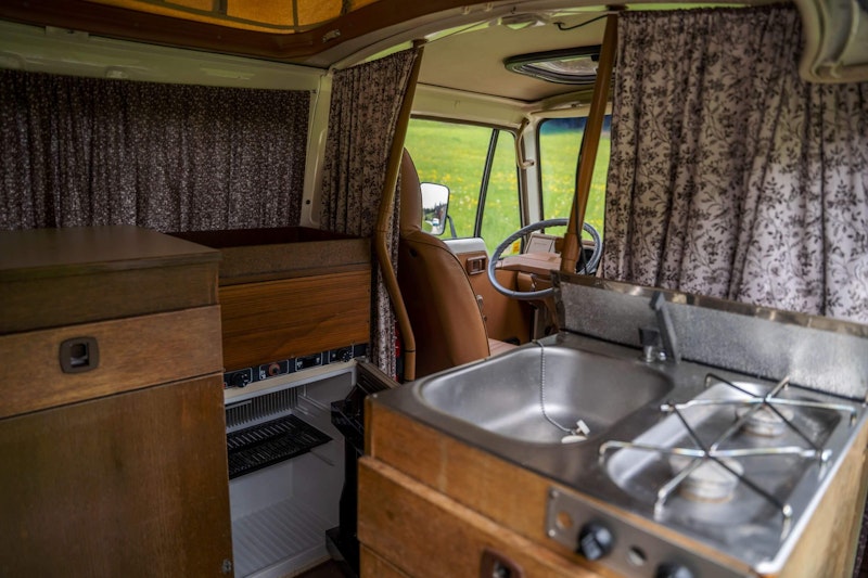 Stove, sink, fridge and kitchenbox in original Nissan Datsun Campervan