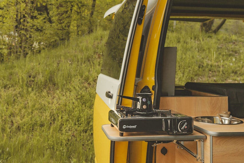 Gas stove on kitchen box in VW T5 Campervan