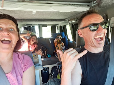 Happy family in VW campervan from Balkan Campers