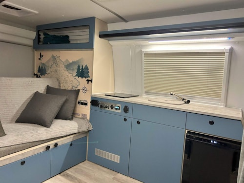 blue kitchen in VW T6 campervan
