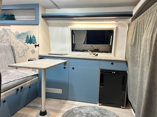 kitchen box with internal camping table in VW T6 campervan