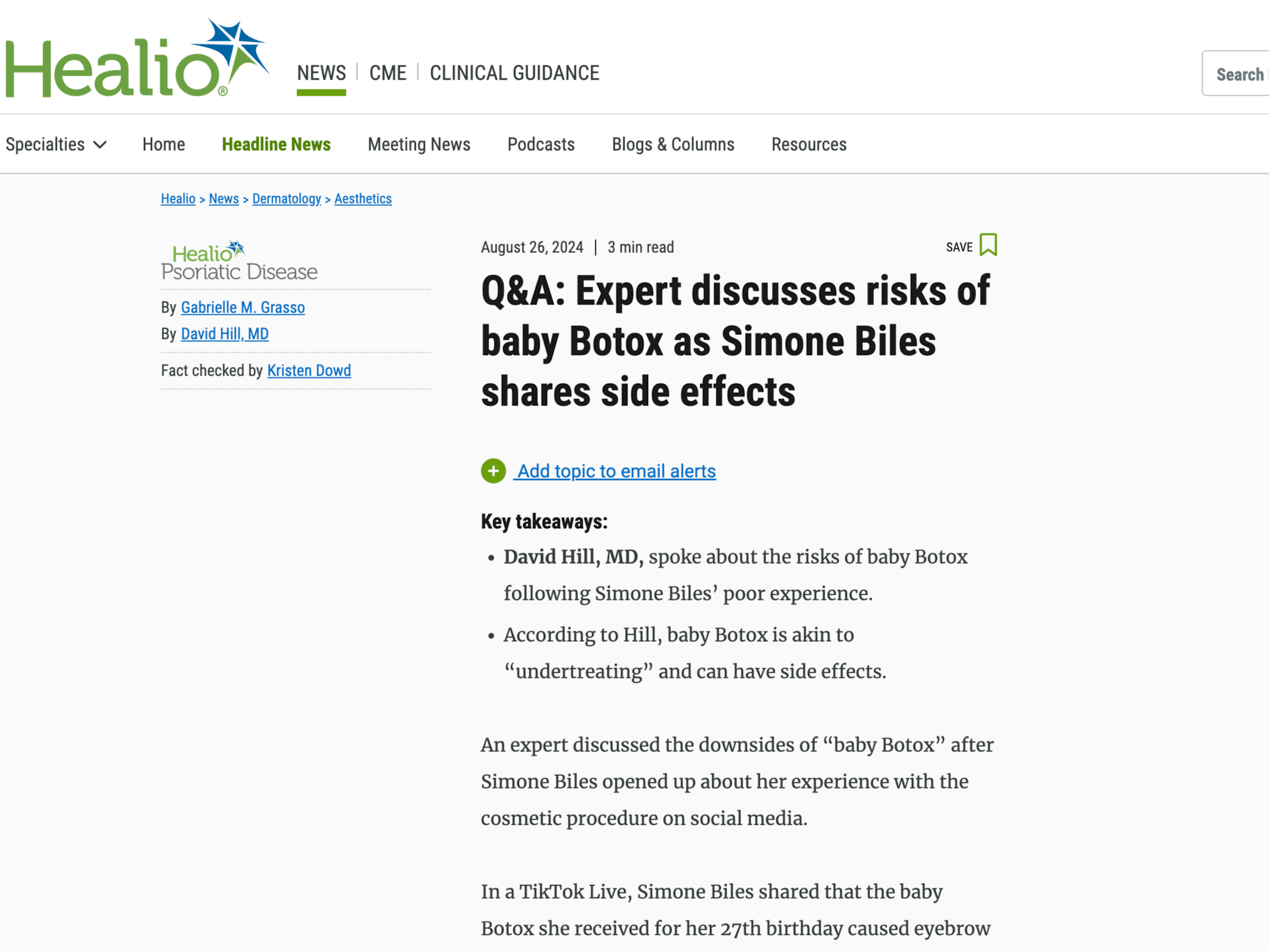 As Featured in Healio: Q&A: Expert discusses risks of baby Botox as Simone Biles shares side effects