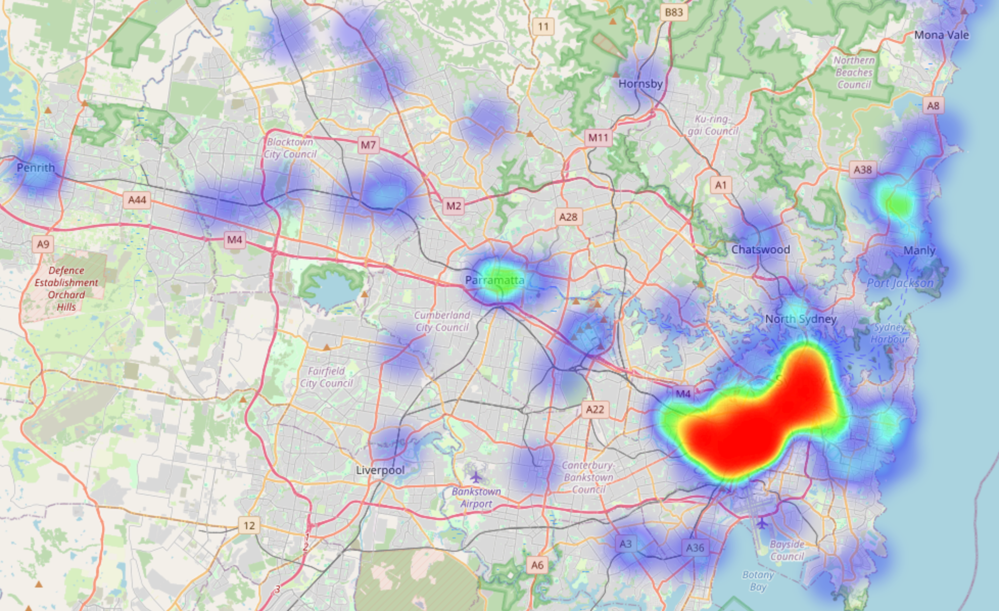 Analysis and code by Joe Hardy, map provided by OpenStreetMap