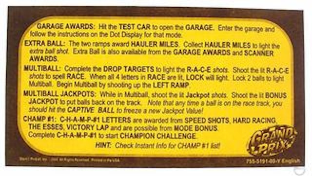 GRAND PRIX (Stern) Card Instructions