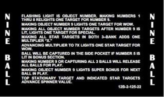 NINE BALL (Stern) Score cards (19)