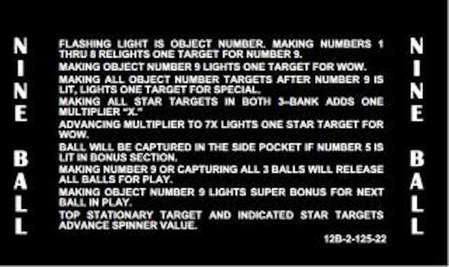NINE BALL (Stern) Score cards (19)
