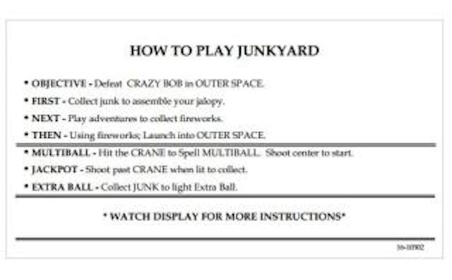 JUNKYARD (Williams) Instruction card