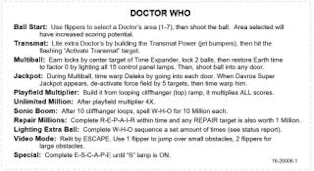 DR WHO (Bally) Score card