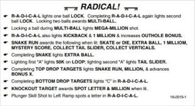 RADICAL (Bally) Score card instruction