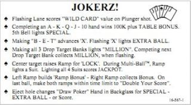 JOKERZ (Williams) Instruction card