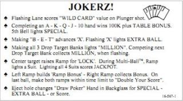 JOKERZ (Williams) Instruction card