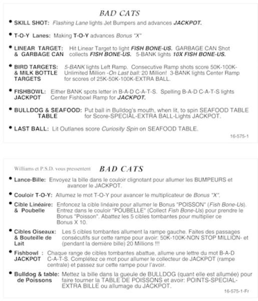 BAD CATS (Williams) Score Cards