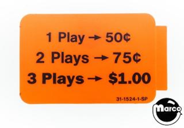 Coin door decal Williams orange '1 Play 50¢'
