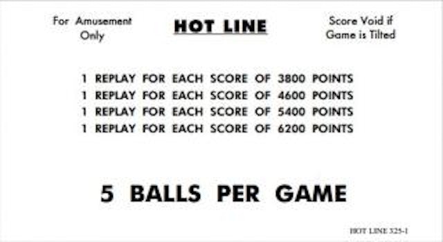 HOT LINE (Williams) Score cards (6)