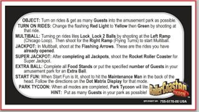 ROLLER COASTER TYCOON (Stern) Card Instructions