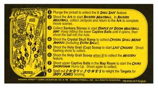 INDIANA JONES (Stern) Score card yellow