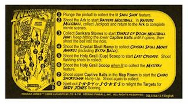 INDIANA JONES (Stern) Score card yellow