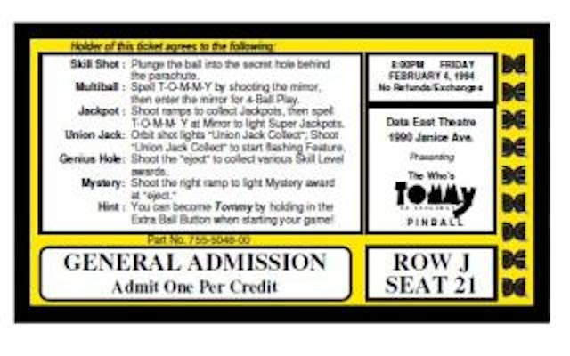 TOMMY (Data East) Score card
