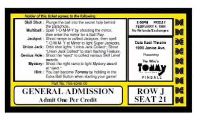 TOMMY (Data East) Score card
