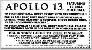 APOLLO 13 (Sega) Score Cards