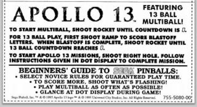 APOLLO 13 (Sega) Score Cards
