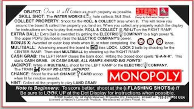 MONOPOLY (Stern) Card Instructions