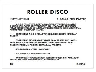 ROLLER DISCO (Gottlieb) Score cards (6)