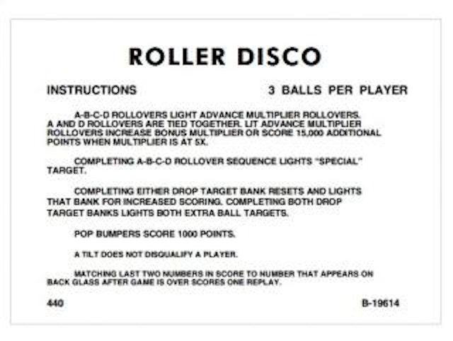 ROLLER DISCO (Gottlieb) Score cards (6)