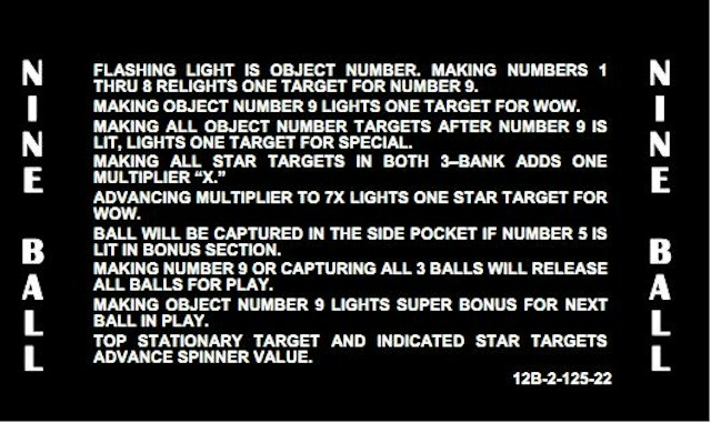 NINE BALL (Stern) Score Cards (19)