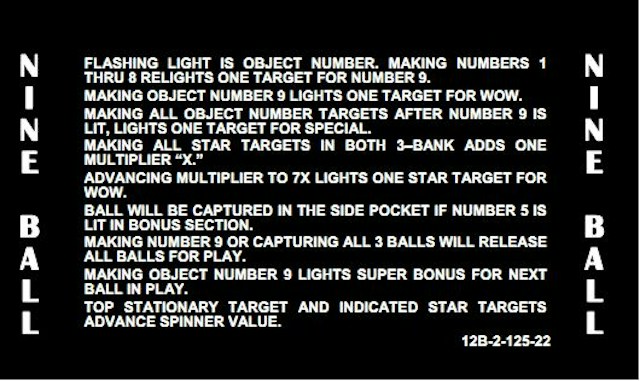 NINE BALL (Stern) Score Cards (19)