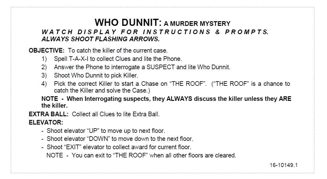 WHO DUNNIT (Bally) Score card-instruction usa