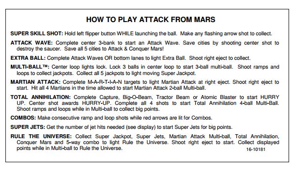 ATTACK FROM MARS (Bally) Score/ Instruction cards